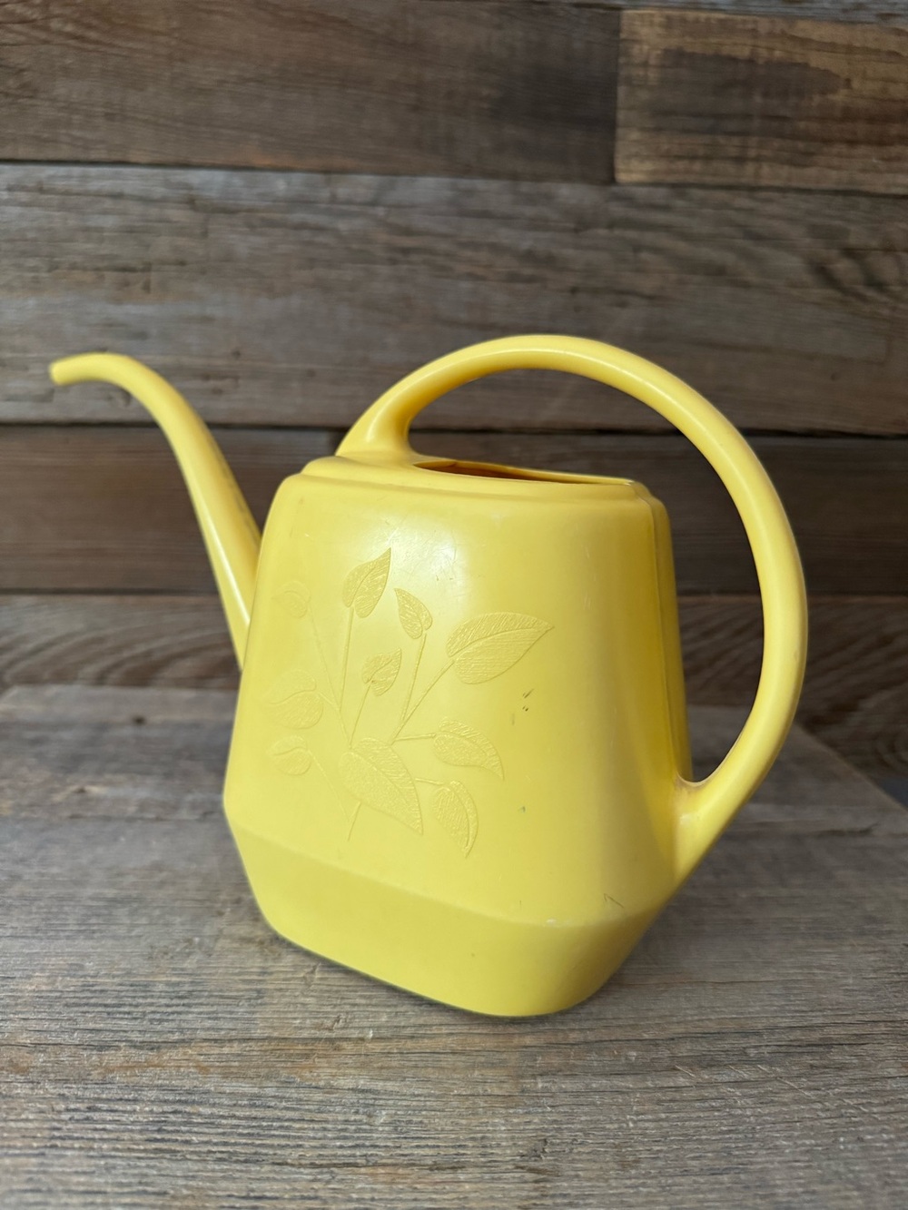 Vintage 1970’s Yellow Plastic Watering Can with Leaf Motif